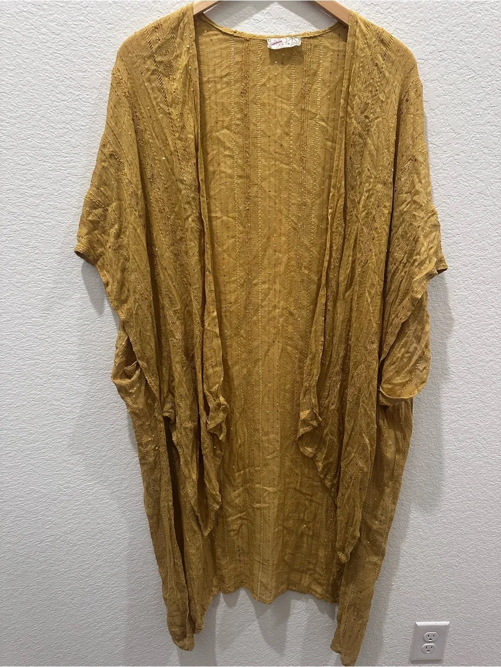 Free People Mustard Yellow Sequin Pointelle Open Front‎ Kimono Wrap OS